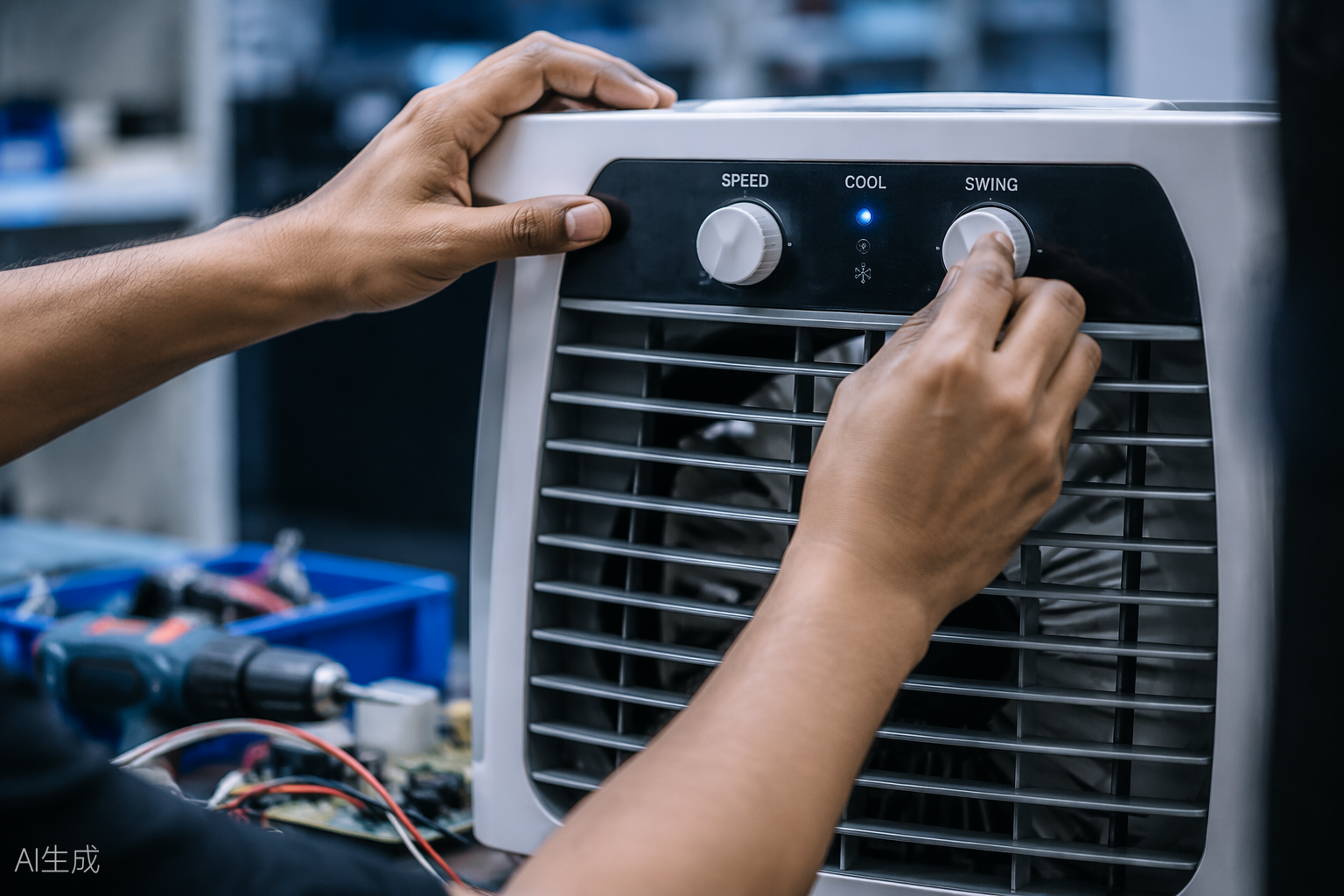 Hands assembling and testing an air cooler in a workshop