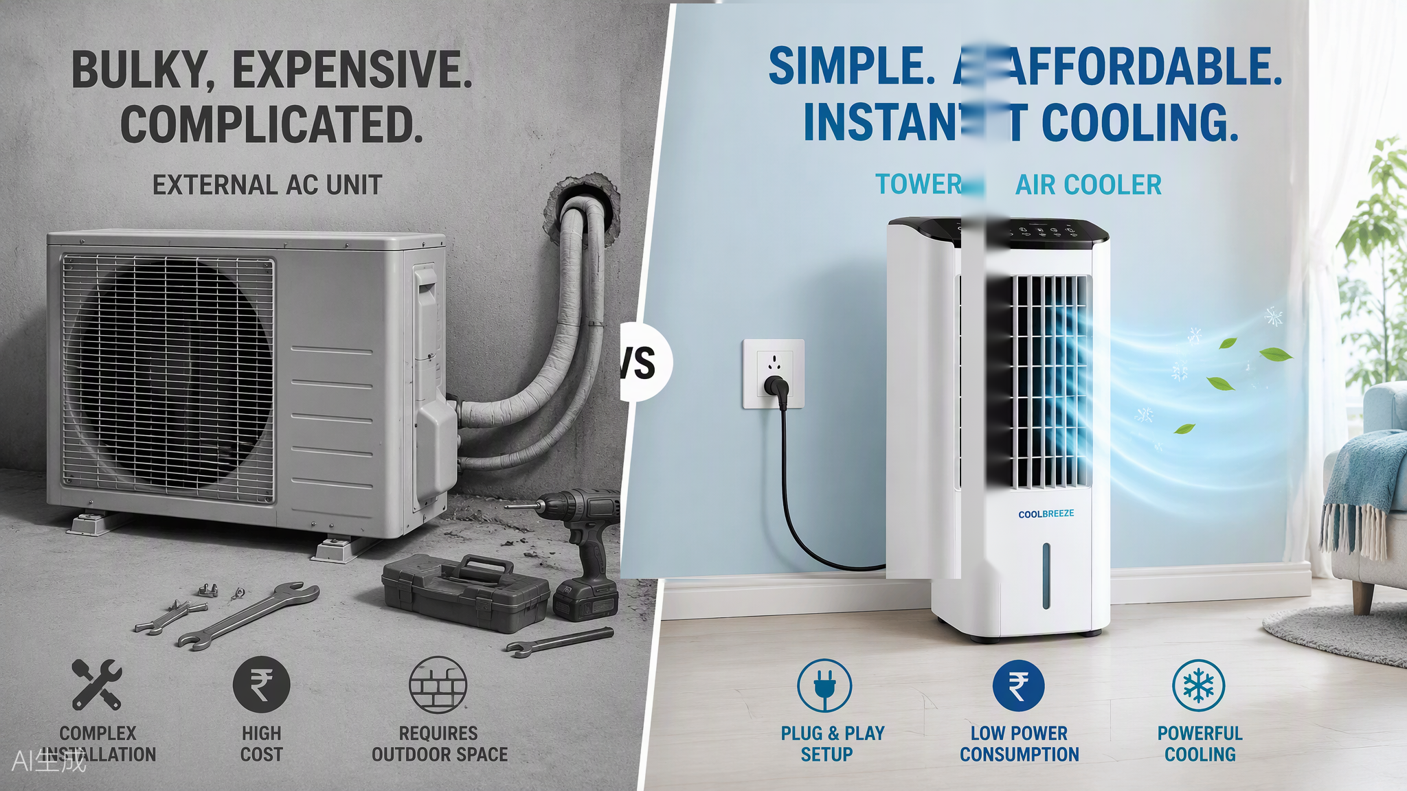 Bulky fixed air conditioning install versus a clean Frost & Fern tower cooler
